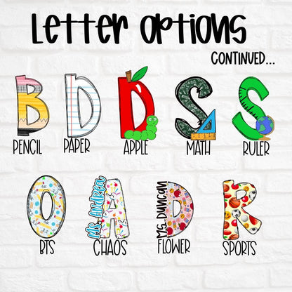Colorful alphabet letters with educational themes like pencil, paper, apple, math, ruler, arts, flower, and sports