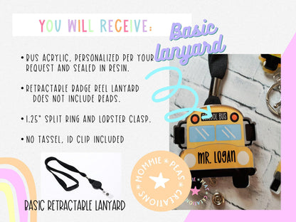 School Bus Beaded Lanyard - Retractable ID Holder With Acrylic Charm & Key Ring