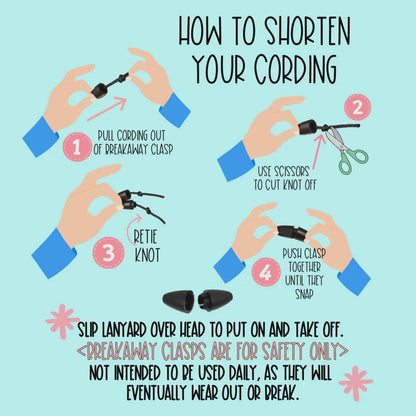 The image is a step-by-step guide on how to shorten your cording, with illustrations and text providing clear instructions.