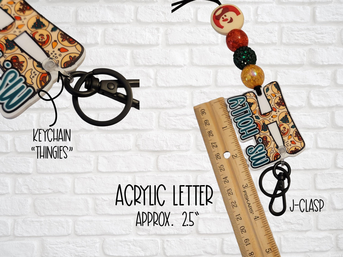 a keychain with a letter-shaped design, a ruler, and a beaded charm. The keychain is described as an "ACRYLIC LETTER APPROX. 2. 5" and is labeled as a "J-CLasp".