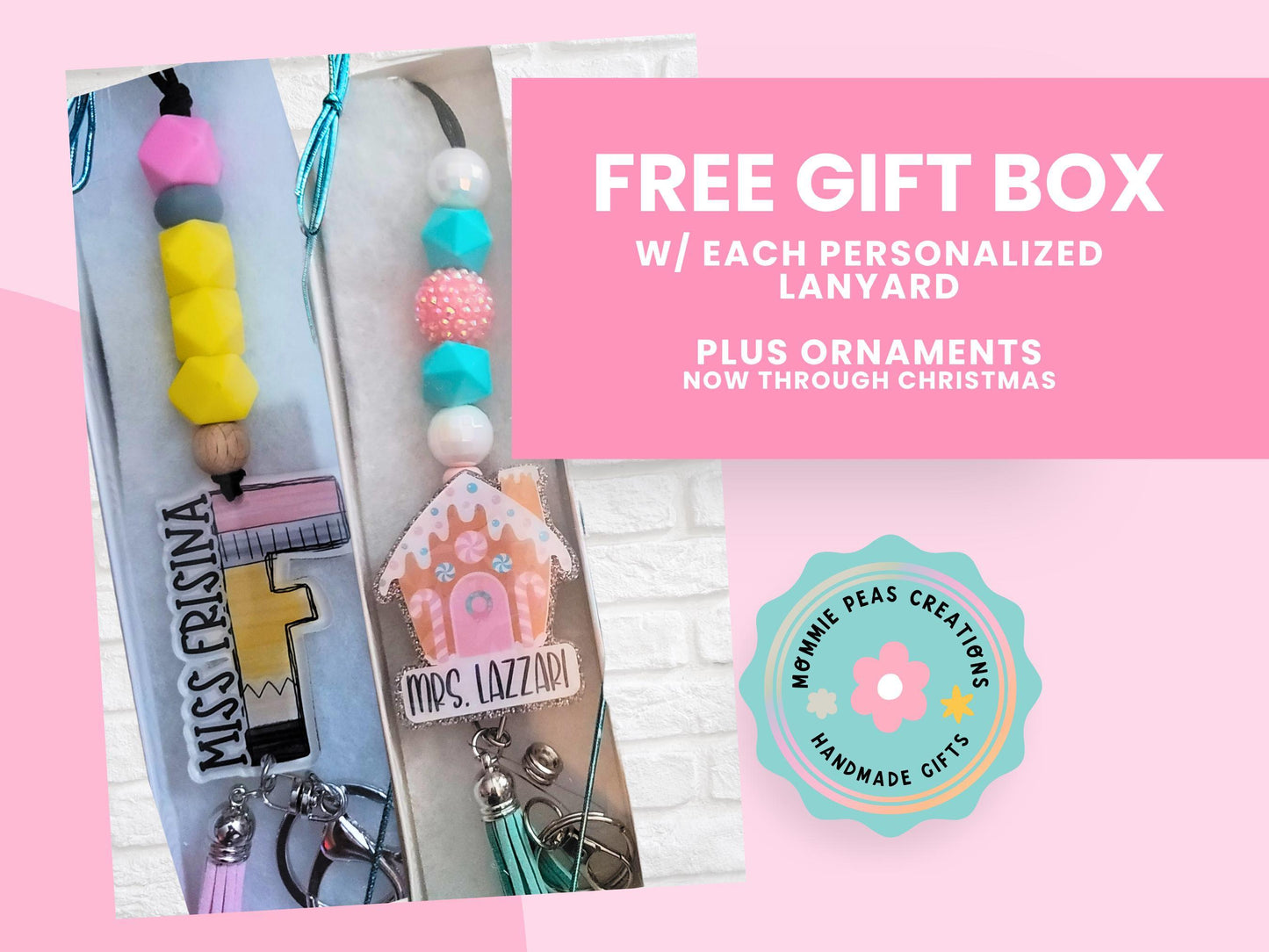 The image is an advertisement for a gift box containing personalized lanyards and ornaments. It features a variety of colorful lanyards and keychains, along with a pink background and a white brick wall. The text on the image promotes a free gift box with each personalized lanyard and additional ornaments, and it includes the logo of a handmade gifts company.