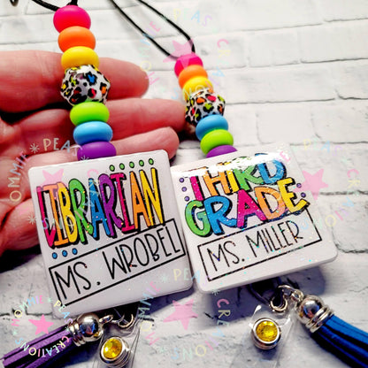 Rainbow Leopard Beaded Teacher Lanyard: Personalized Badge Holder