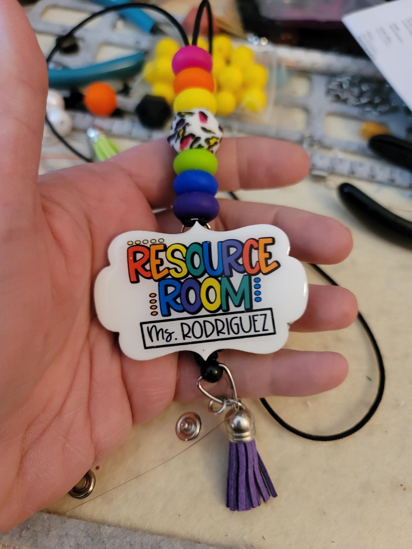 Rainbow Leopard Beaded Teacher Lanyard: Personalized Badge Holder