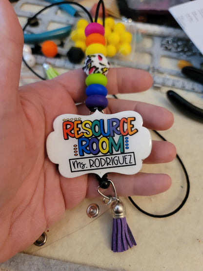 Rainbow Leopard Beaded Teacher Lanyard: Personalized Badge Holder