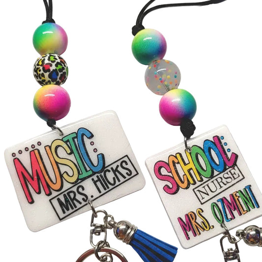 Handmade rainbow bead lanyards with colorful name tags for teachers and nurses, unique gifts