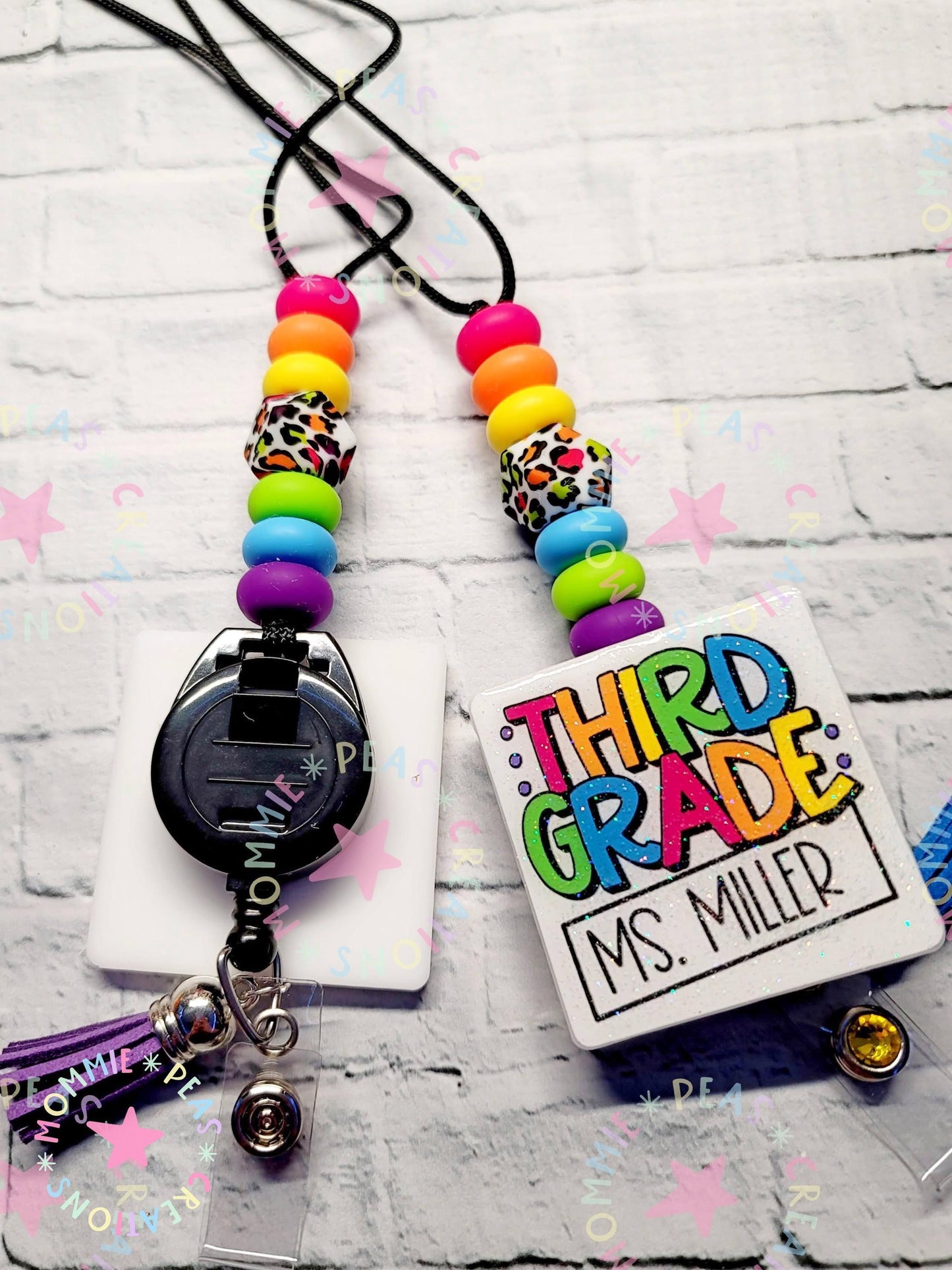 Rainbow Leopard Beaded Teacher Lanyard: Personalized Badge Holder