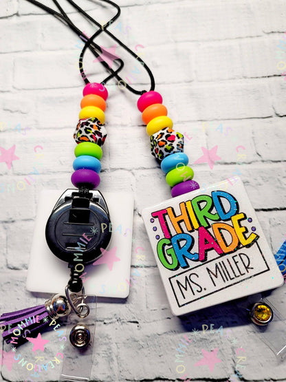 Rainbow Leopard Beaded Teacher Lanyard: Personalized Badge Holder