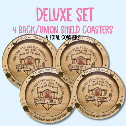 Mommie Peas Creations set of 4 wooden coasters featuring a 2025 uncirculated US penny and laser-engraved text.
