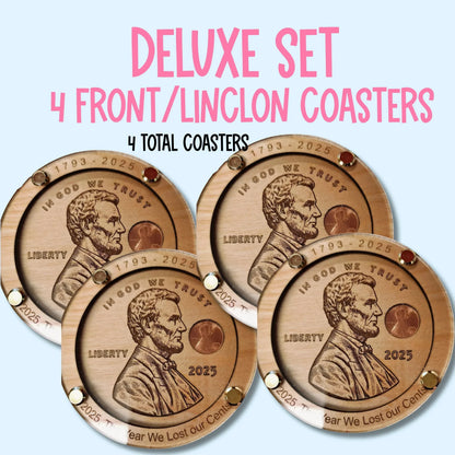 Mommie Peas Creations set of 4 wooden coasters featuring a 2025 uncirculated US penny with Abraham Lincoln engraving.