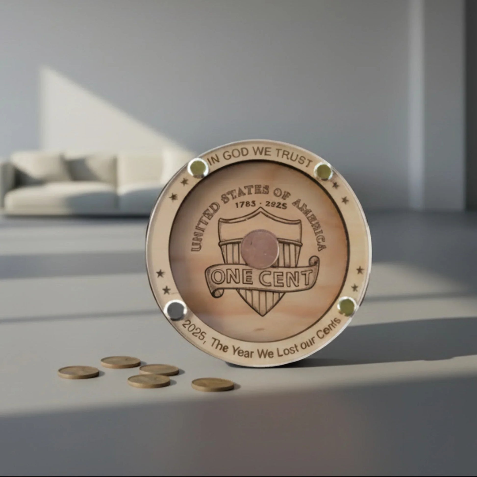 Mommie Peas Creations handcrafted wood and acrylic coaster featuring a 2025 uncirculated US penny and laser-engraved text.