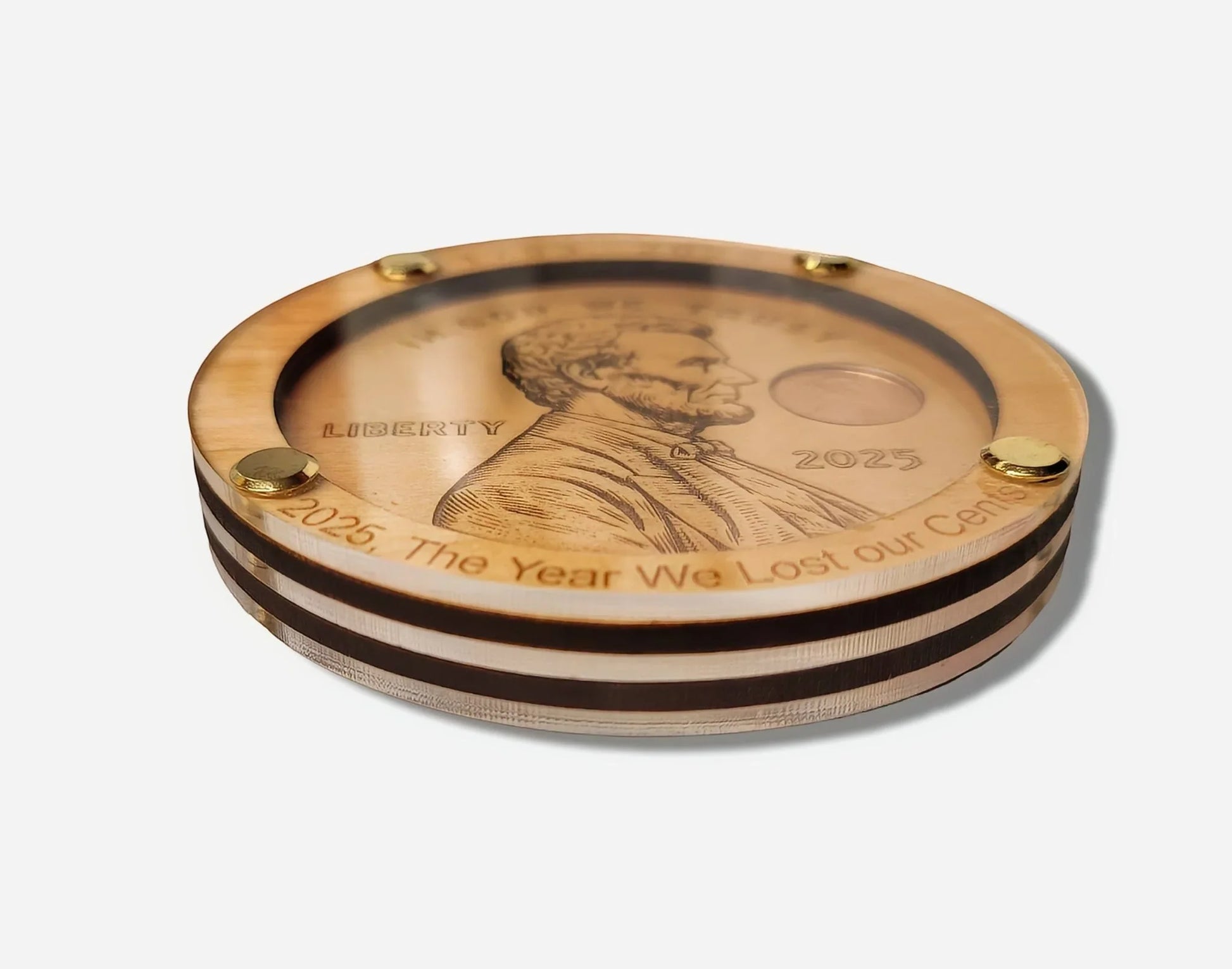 Mommie Peas Creations handcrafted wooden and acrylic coaster featuring a 2025 uncirculated US penny with laser-engraved text.