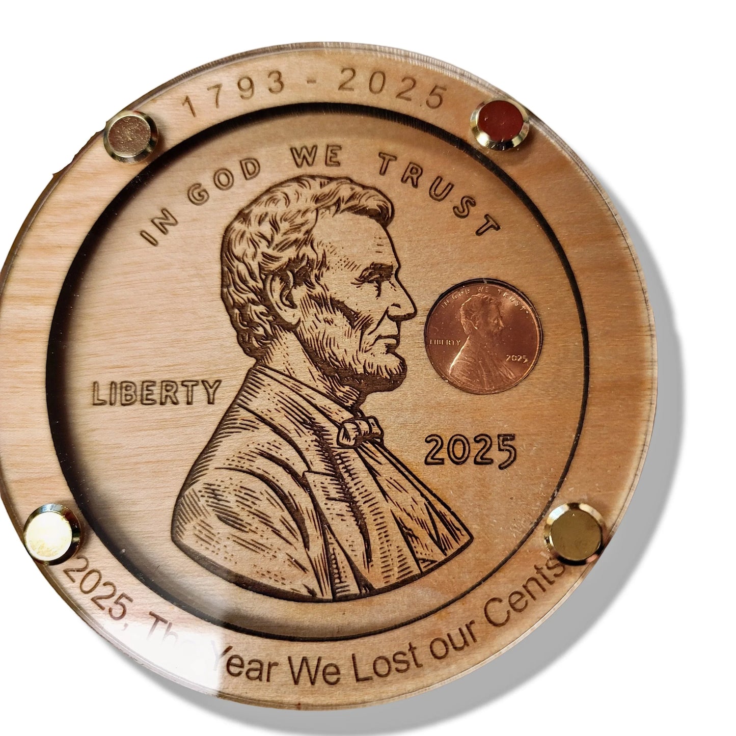 Mommie Peas Creations handcrafted wood and acrylic coaster featuring a 2025 uncirculated US penny with Abraham Lincoln engraving.