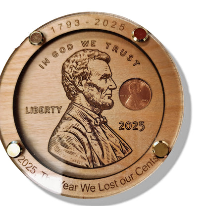 Mommie Peas Creations handcrafted wood and acrylic coaster featuring a 2025 uncirculated US penny with Abraham Lincoln engraving.