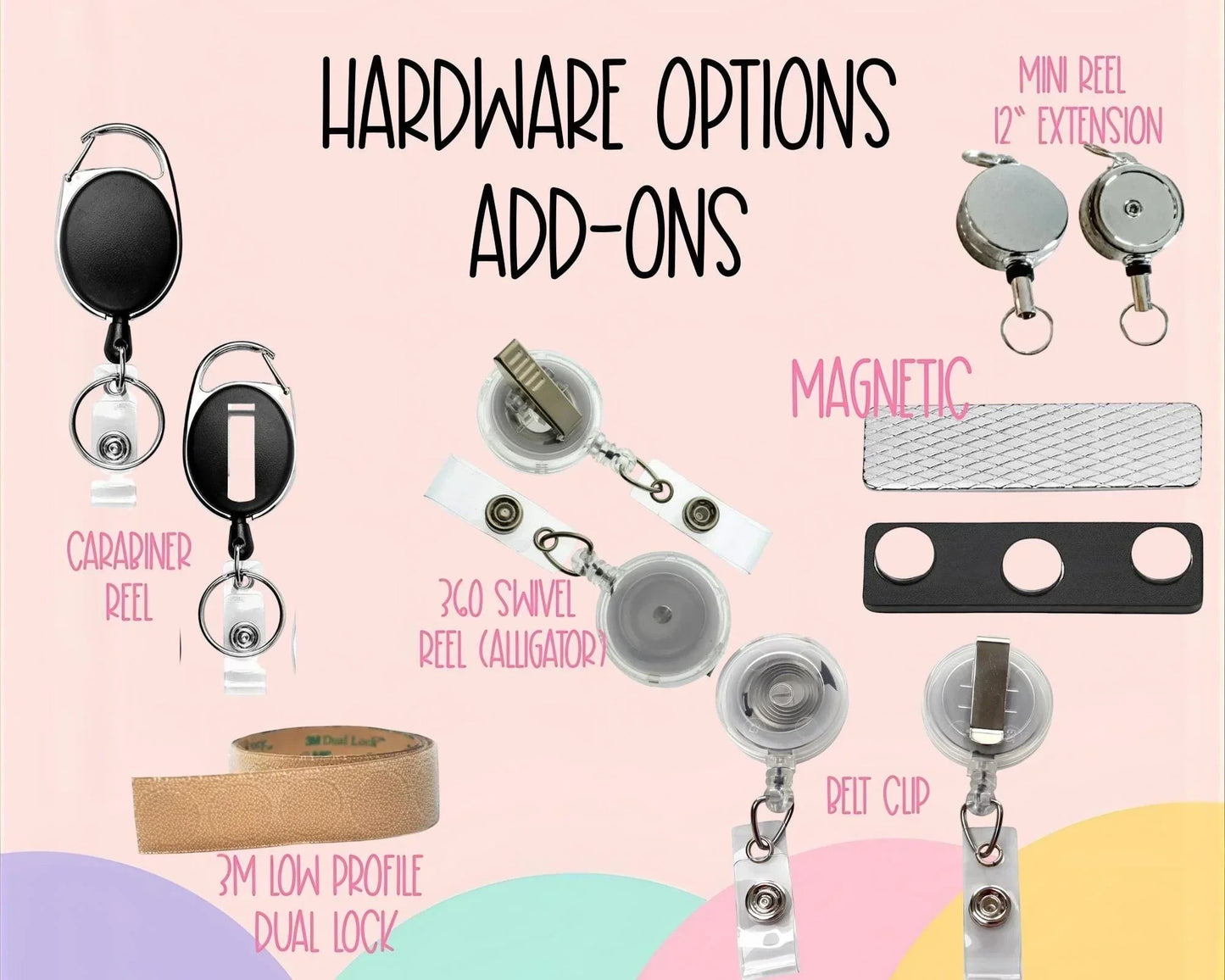 Mommie Peas Creations offers various badge reel hardware options including carabiner, 360 swivel alligator clip, belt clip, and mini reel with 12" extension. Also shown are magnetic badge holders and 3M low profile dual lock adhesive.