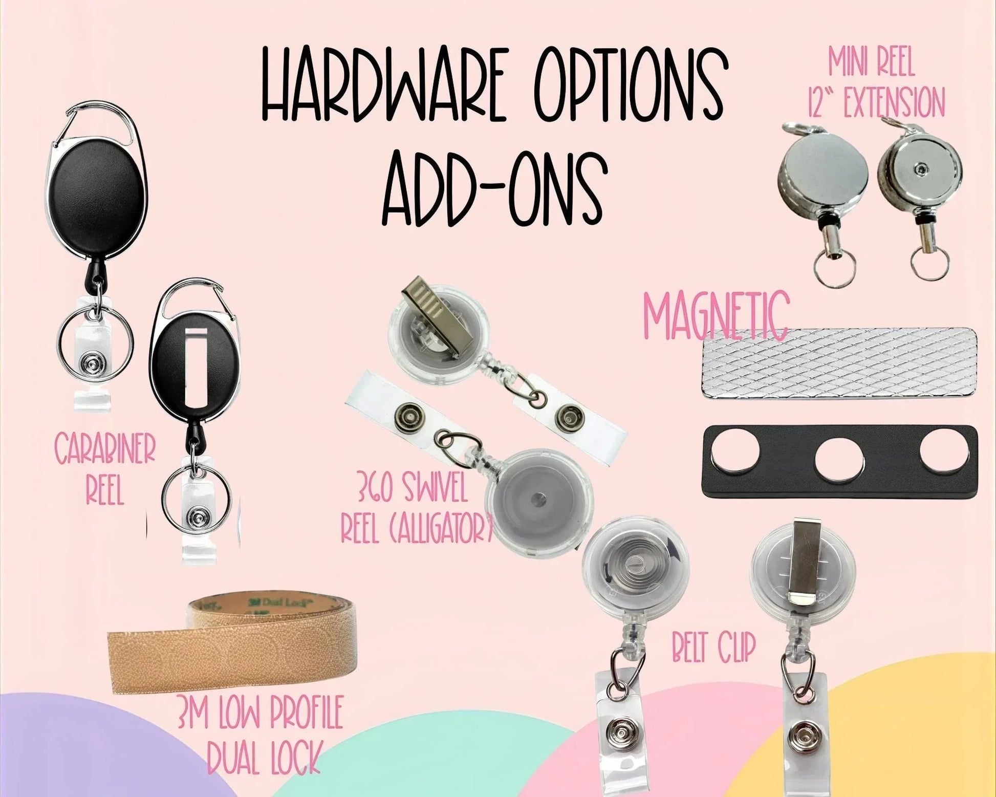 Mommie Peas Creations offers various badge reel hardware options including carabiner, 360 swivel alligator clip, belt clip, and mini reel with 12" extension. Also shown are magnetic badge holders and 3M low profile dual lock adhesive.