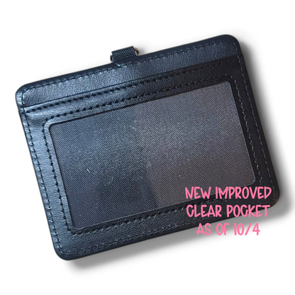 Mommie Peas Creations black leather medical badge holder with a durable, scratch-resistant clear ID window.