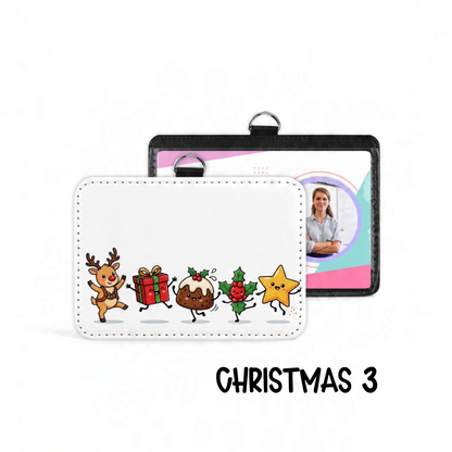 Mommie Peas Creations festive badge holder featuring a cute cartoon reindeer, gift, pudding, holly, and star design.