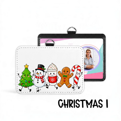 Mommie Peas Creations festive badge holder featuring a cute Christmas tree, snowman, cocoa, gingerbread, and candy cane.
