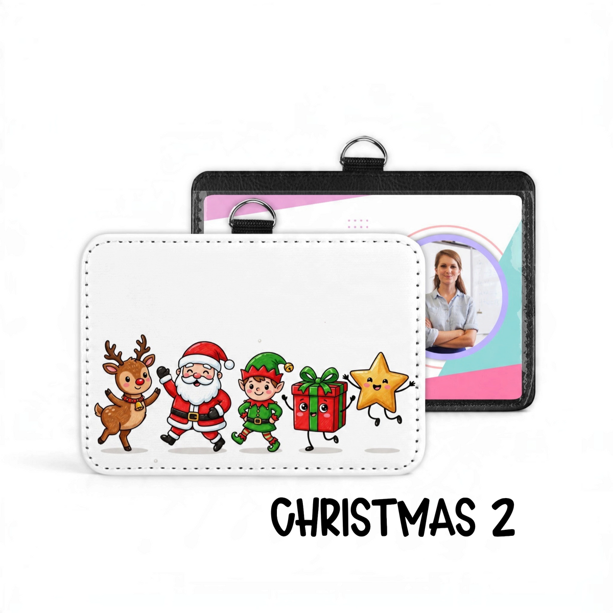 Mommie Peas Creations festive badge holder featuring a cute cartoon reindeer, Santa, elf, gift, and star illustration.