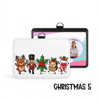 Mommie Peas Creations festive badge holder featuring cute Christmas characters like a reindeer and nutcracker.