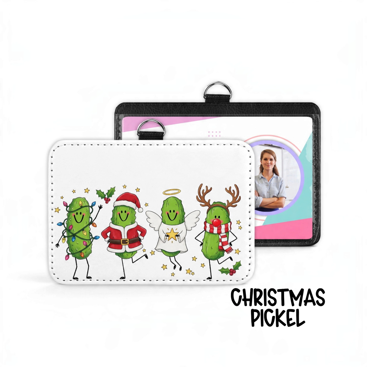 Mommie Peas Creations festive holiday pickle character badge holder with a white front and black back attachment.