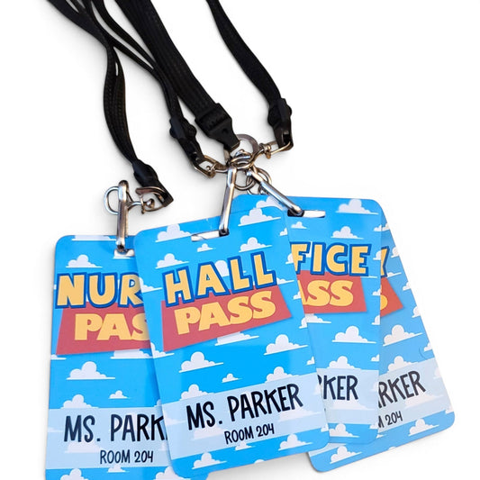 Mommie Peas Creations personalized metal classroom hall passes with blue sky and cloud Toy Story inspired design.