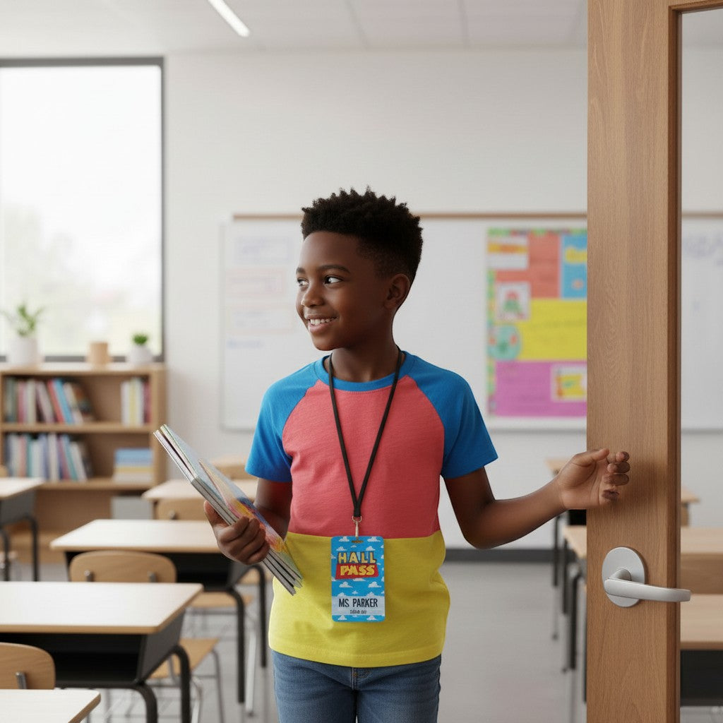 Student wearing a Mommie Peas Creations Toy Story inspired cloudy sky metal hall pass on a black lanyard in a classroom