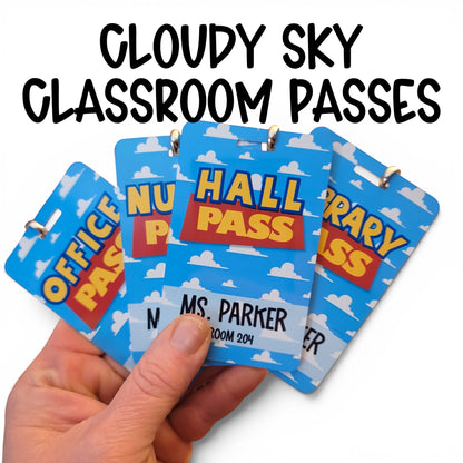 Mommie Peas Creations personalized metal classroom hall passes with a blue sky and white cloud Toy Story design.