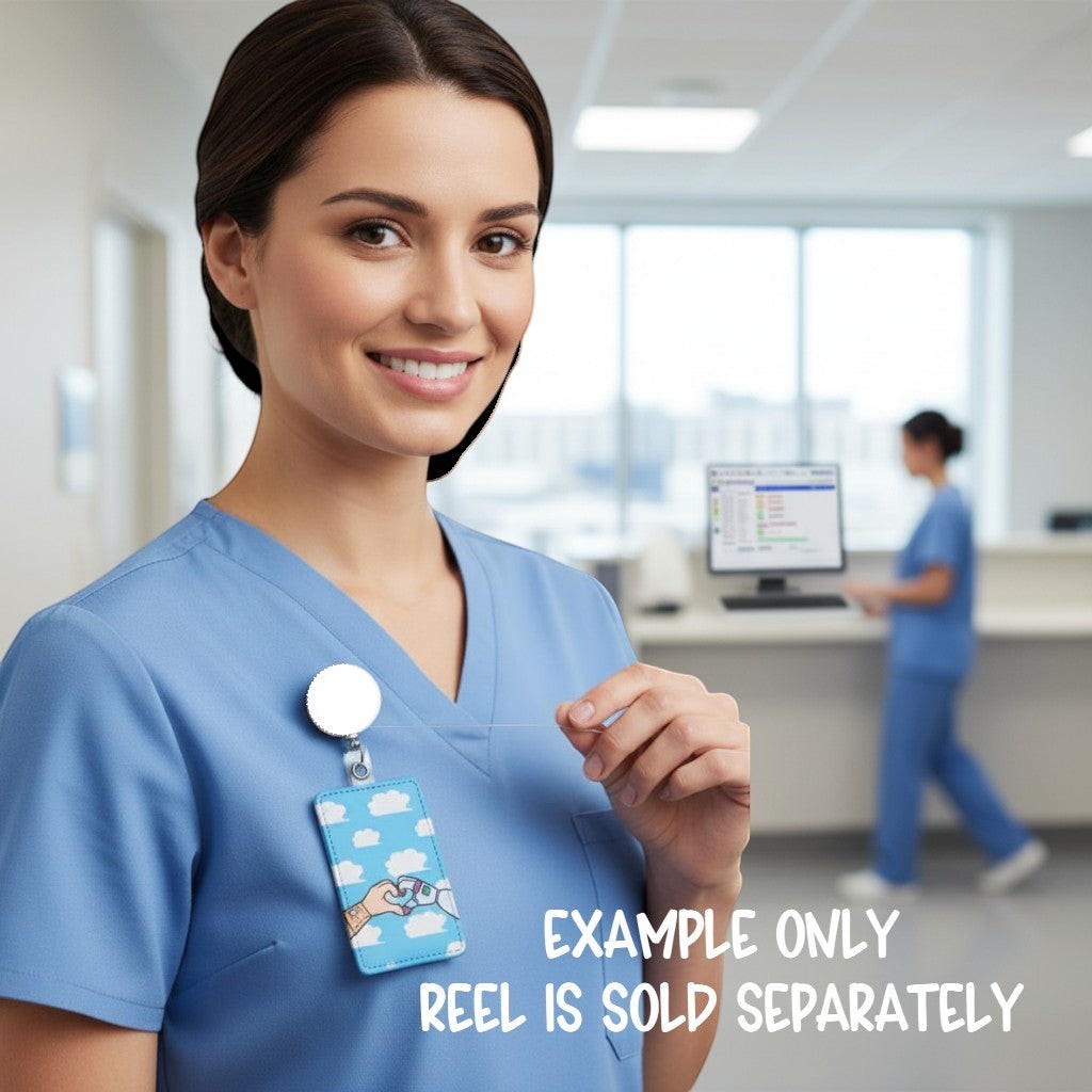 Mommie Peas Creations personalized cloudy sky ID badge holder worn by a nurse in a hospital setting.