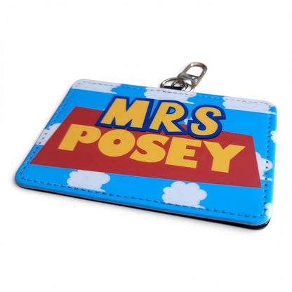 Mommie Peas Creations personalized Toy Story inspired ID holder with cloudy sky background and swivel clasp.