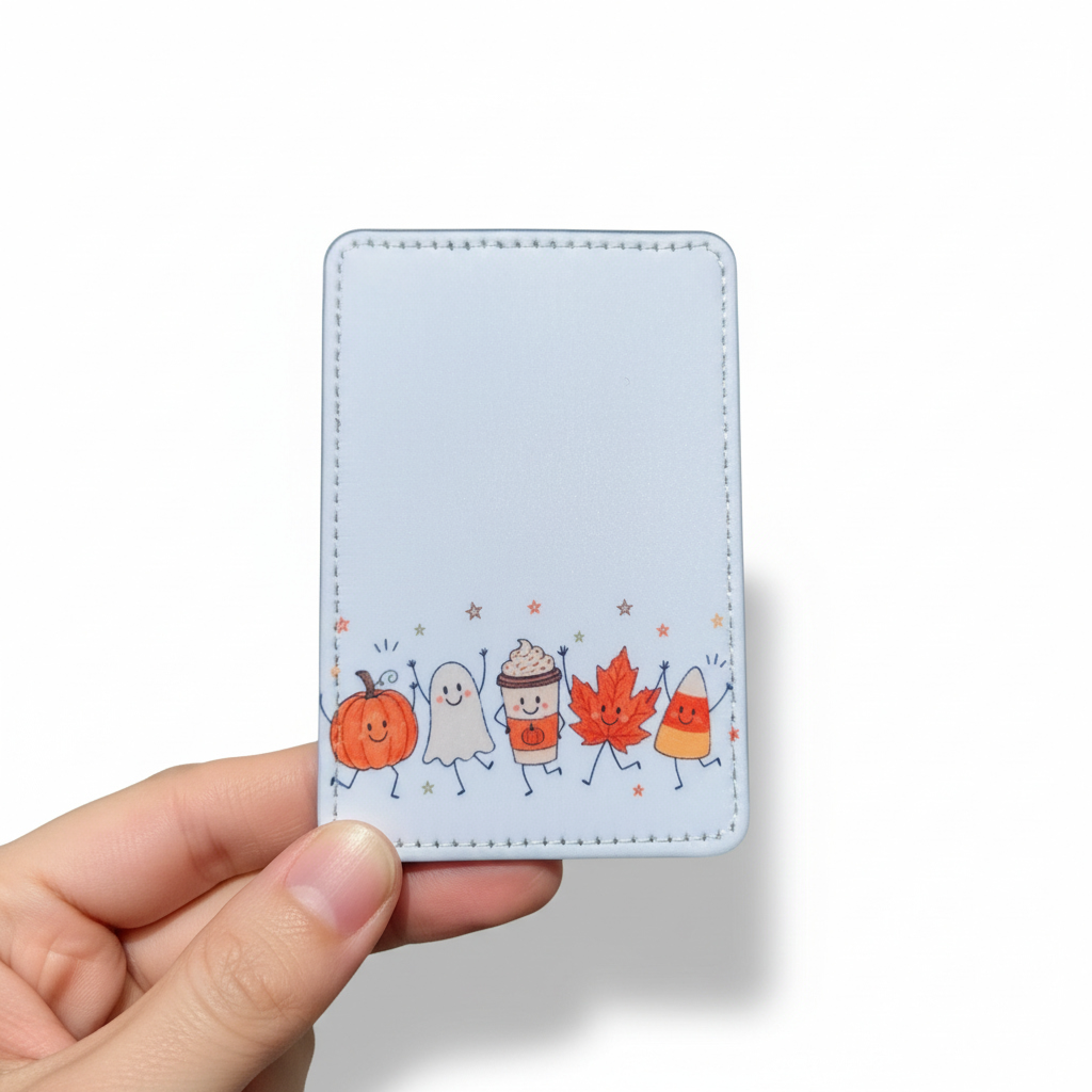 Mommie Peas Creations fall character badge holder featuring cute pumpkin, ghost, latte, leaf, and candy corn designs.
