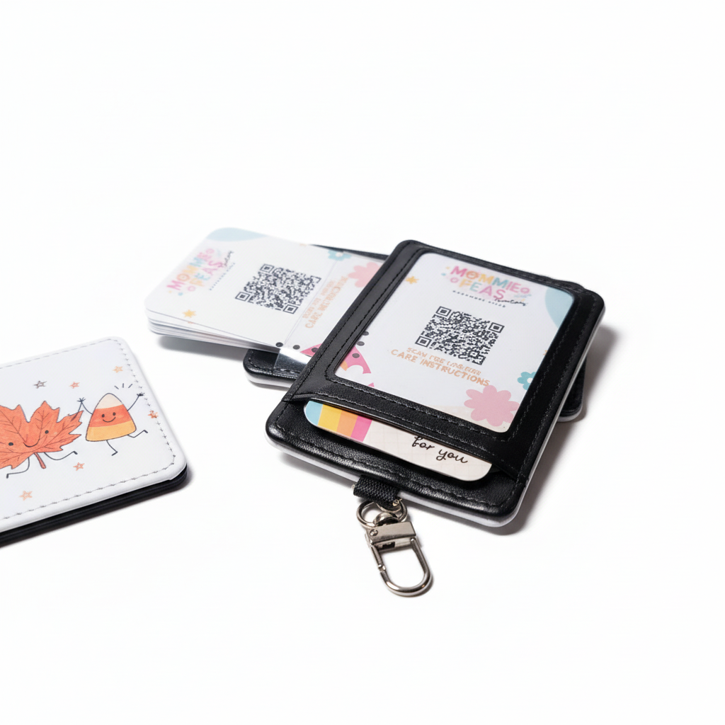 Mommie Peas Creations fall-themed badge holder with black leather trim and cute autumn character illustrations.