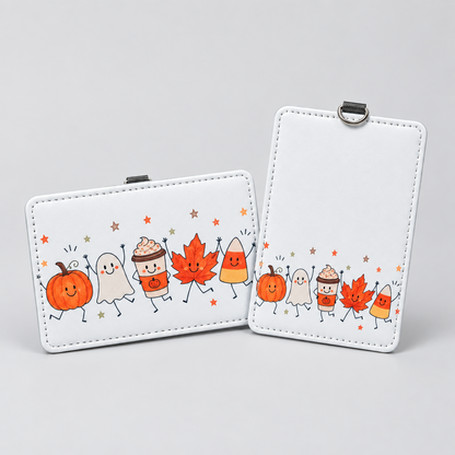 Mommie Peas Creations fall badge holders featuring cute pumpkin, ghost, latte, leaf, and candy corn character designs.
