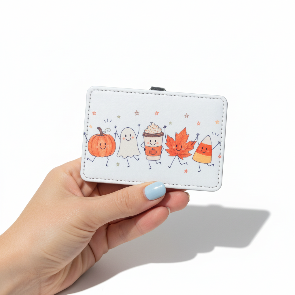 Mommie Peas Creations fall badge holder featuring cute pumpkin, ghost, latte, leaf, and candy corn characters.