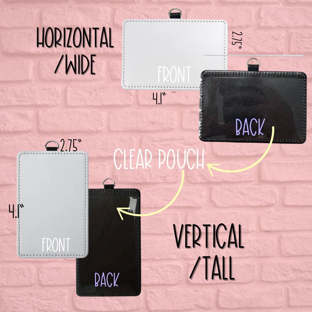 Mommie Peas Creations personalized faux leather ID badge holders in horizontal and vertical orientations with clear pouch