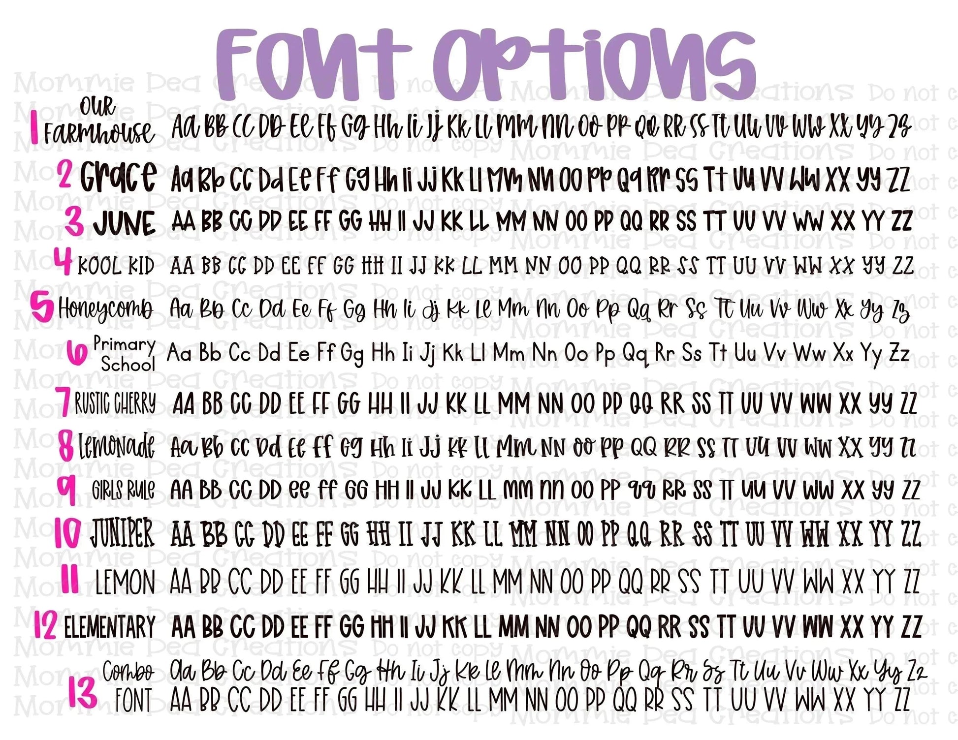 Mommie Peas Creations font options chart showing 13 different font styles for personalized teacher lanyards.