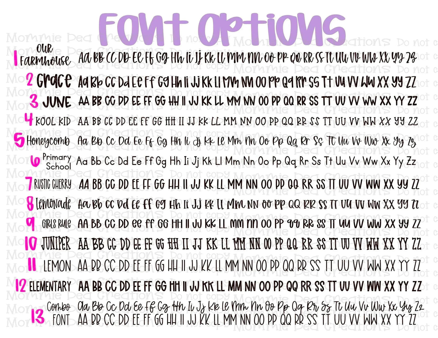 Colorful font options chart displaying different handwriting styles for handmade gifts, perfect for personalized teacher and nurse presents.