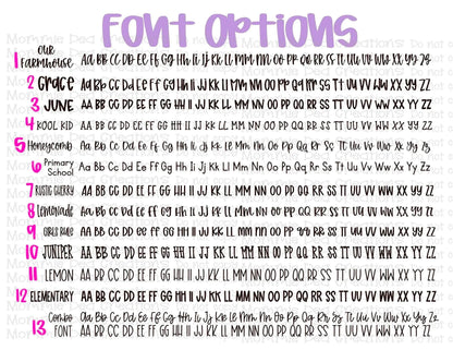 Colorful font options chart displaying different handwriting styles for handmade gifts, perfect for personalized teacher and nurse presents.