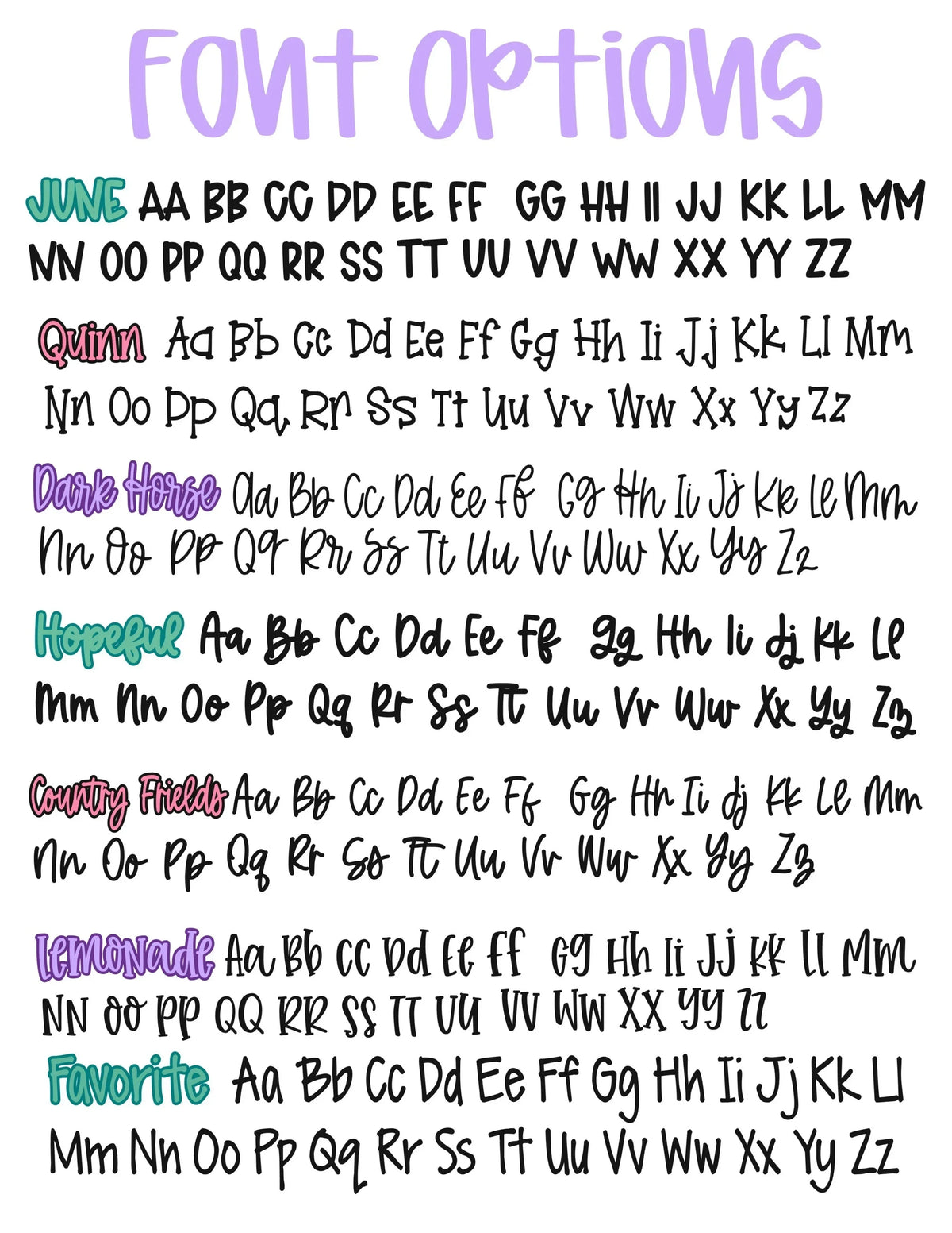 Mommie Peas Creations font selection guide for personalized teacher ID badge holders featuring seven unique styles.