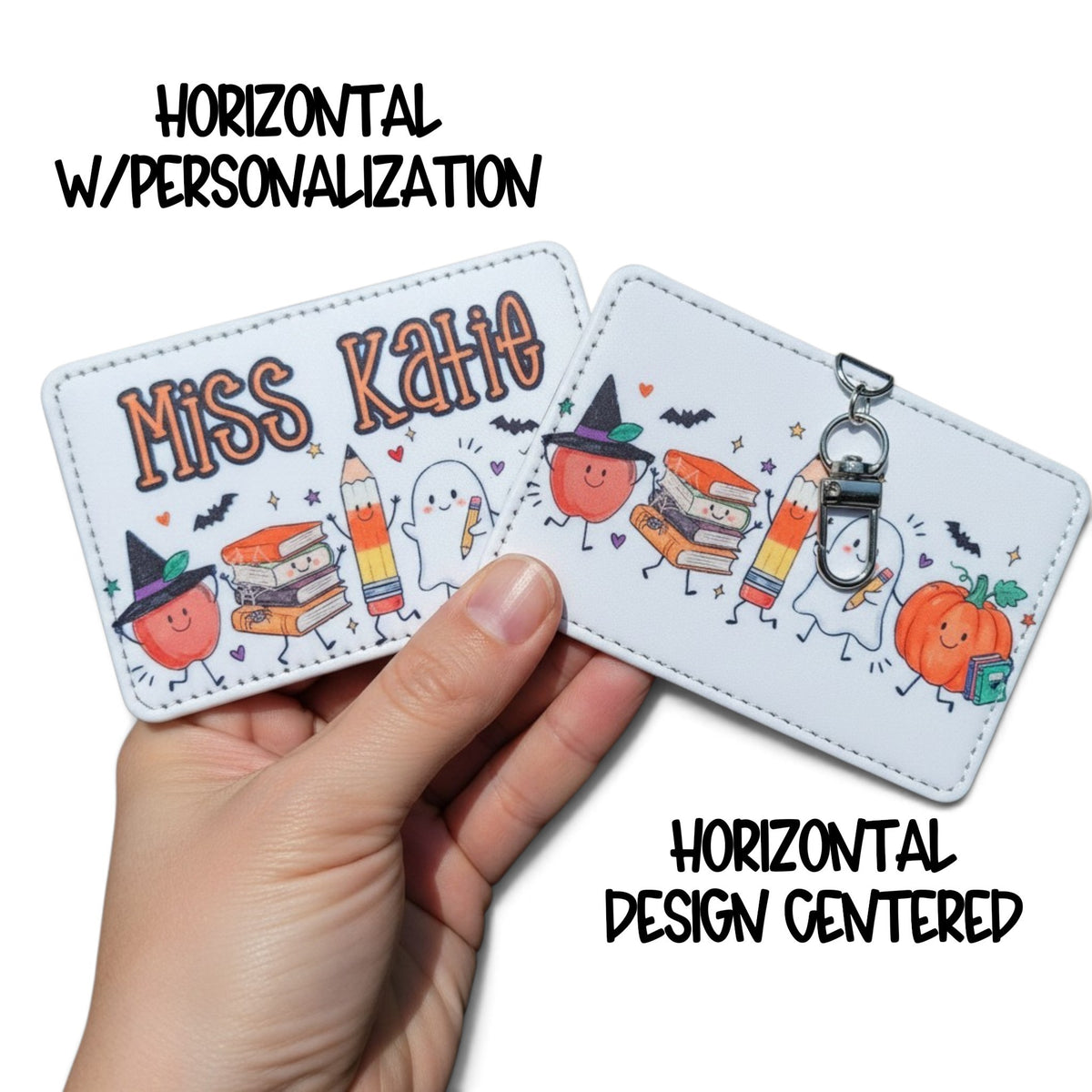 Mommie Peas Creations horizontal Halloween teacher ID badge holders with personalized name, ghosts, and pumpkins.