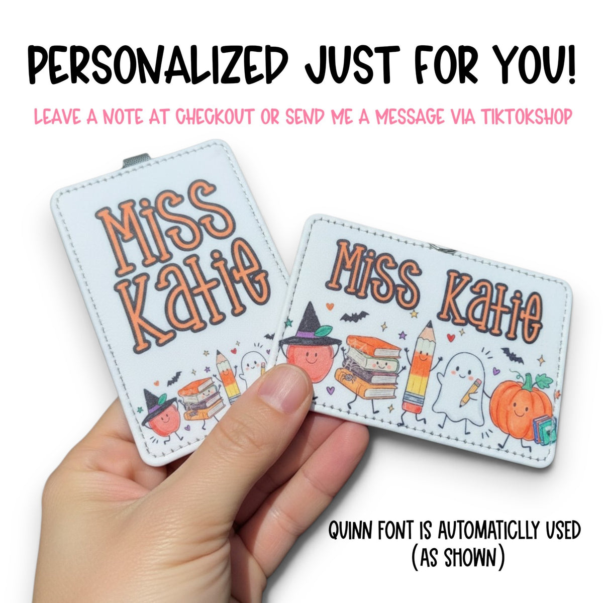 Mommie Peas Creations personalized Halloween teacher ID badge holders with ghost and pumpkin doodles on PU leather.