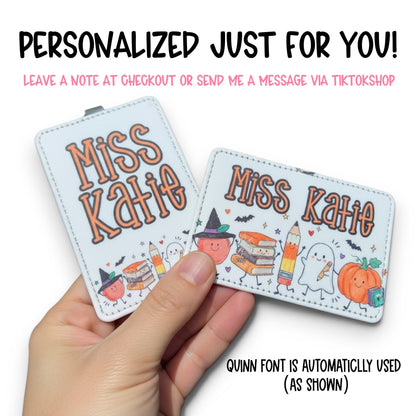 Mommie Peas Creations personalized Halloween teacher ID badge holders with ghost and pumpkin doodles on PU leather.
