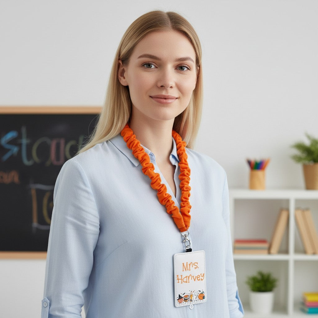 Mommie Peas Creations personalized Halloween teacher ID badge holder with ghosts and pumpkins on a bright orange lanyard