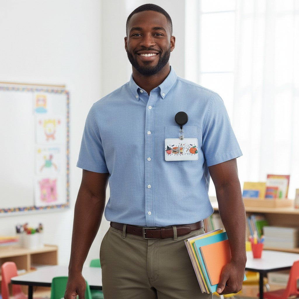 Mommie Peas Creations Halloween doodle ID badge holder worn by a smiling teacher in a classroom setting.