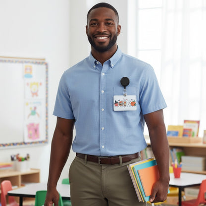 Mommie Peas Creations Halloween doodle ID badge holder worn by a smiling teacher in a classroom setting.
