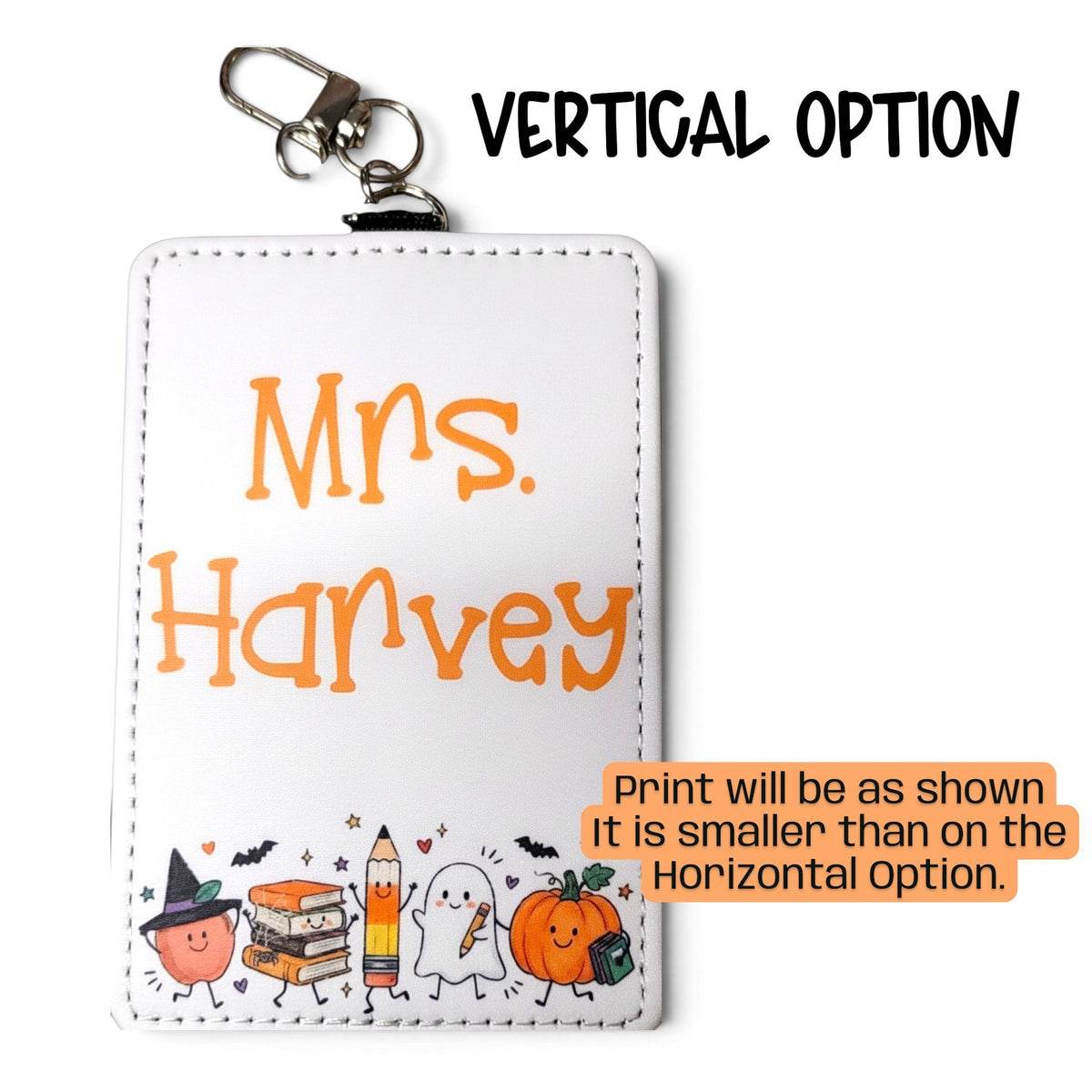 Mommie Peas Creations vertical PU leather ID badge holder with personalized name and festive Halloween doodle print