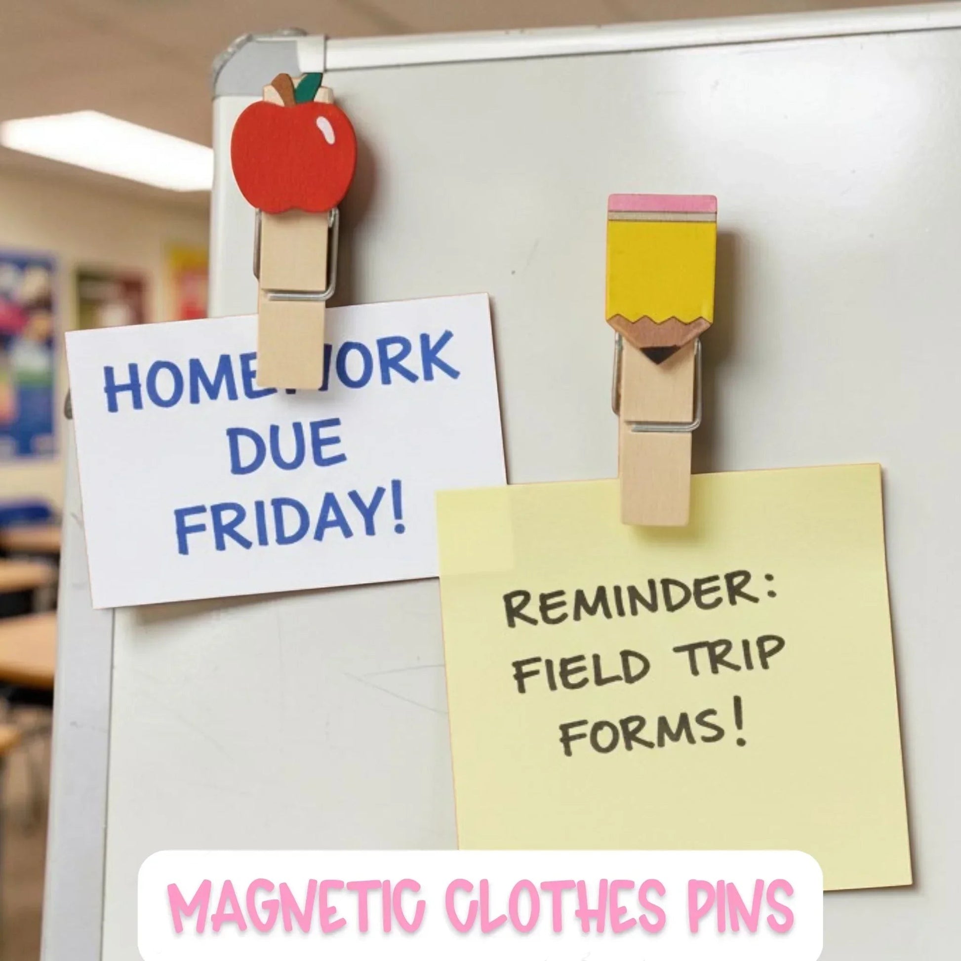Mommie Peas Creations hand-painted wooden clothespin magnets shaped like an apple and a pencil, holding notes on a whiteboard.