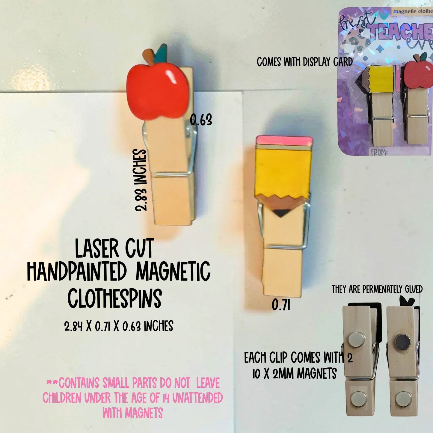 Mommie Peas Creations hand-painted wooden magnetic clothespins with apple and pencil designs. Perfect for classroom organization.