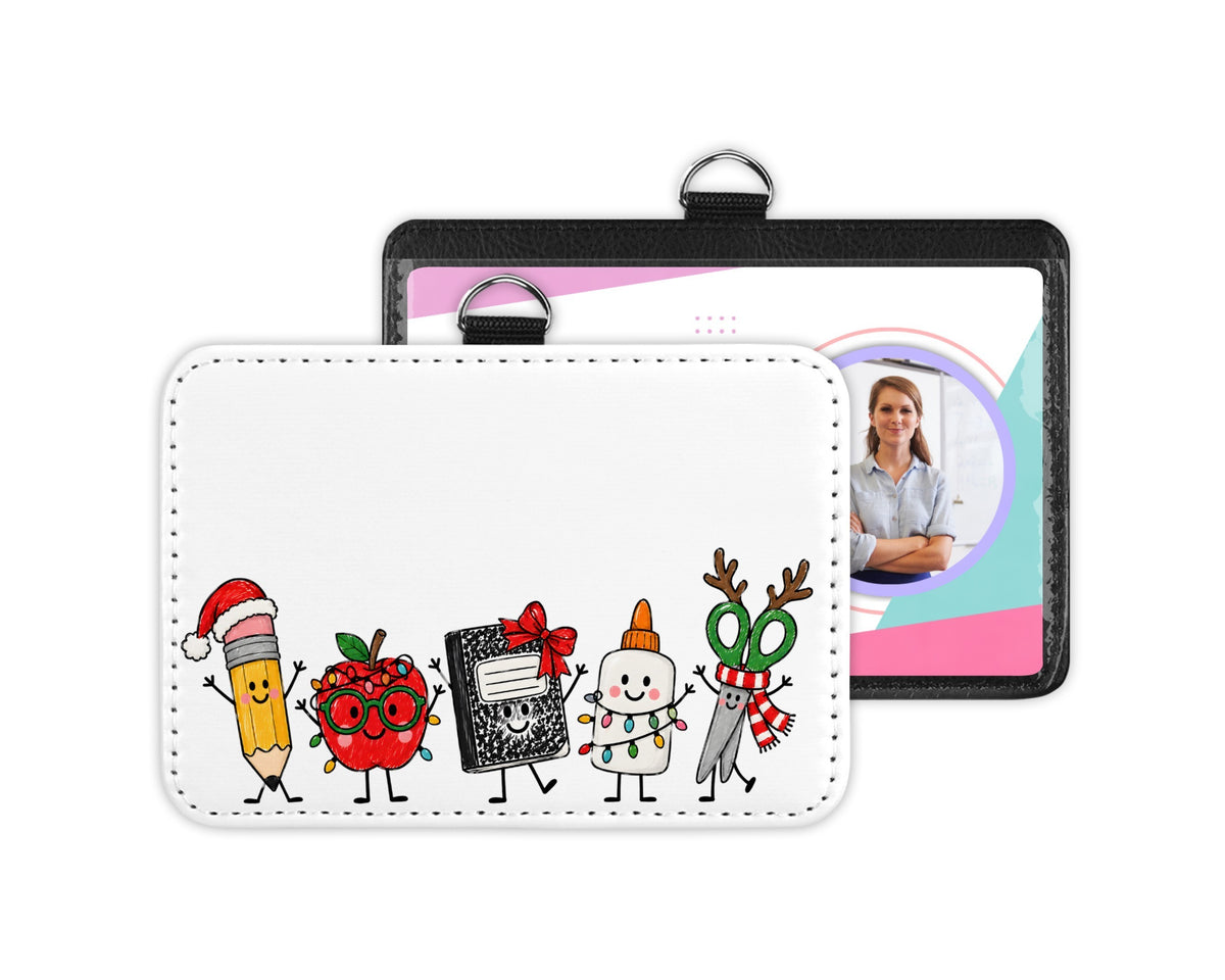 Mommie Peas Creations personalized holiday ID badge holder with cute festive school supply illustrations.
