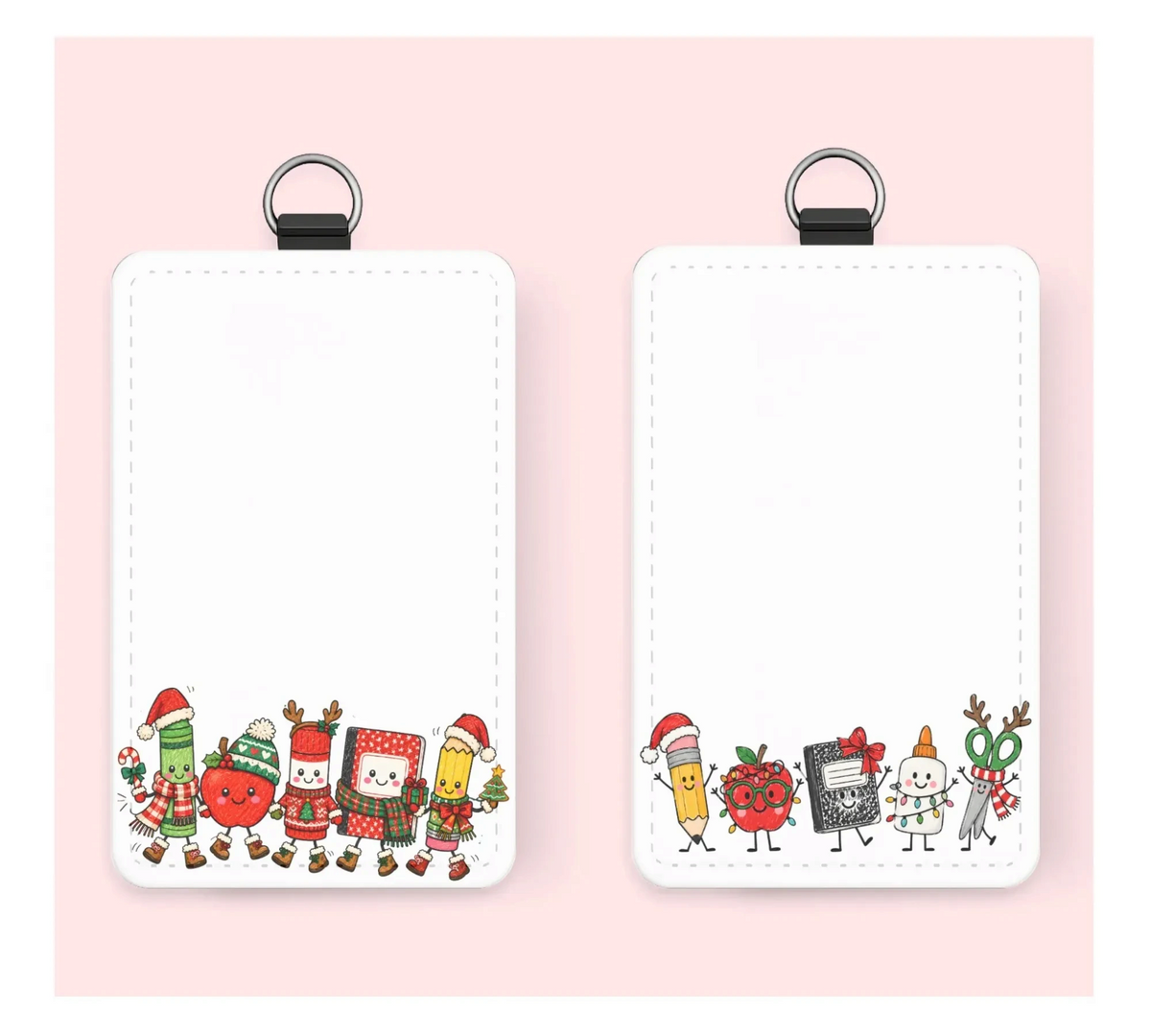 Mommie Peas Creations personalized holiday ID badge holders with cute festive school supply illustrations